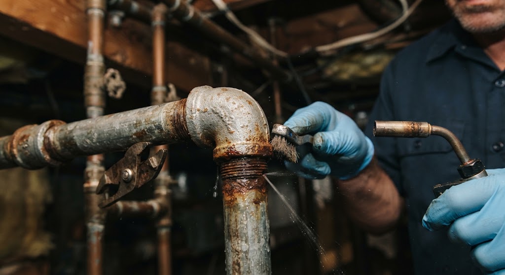 copper pipe leak repair Orange NJ technician inspecting corroded plumbing joint