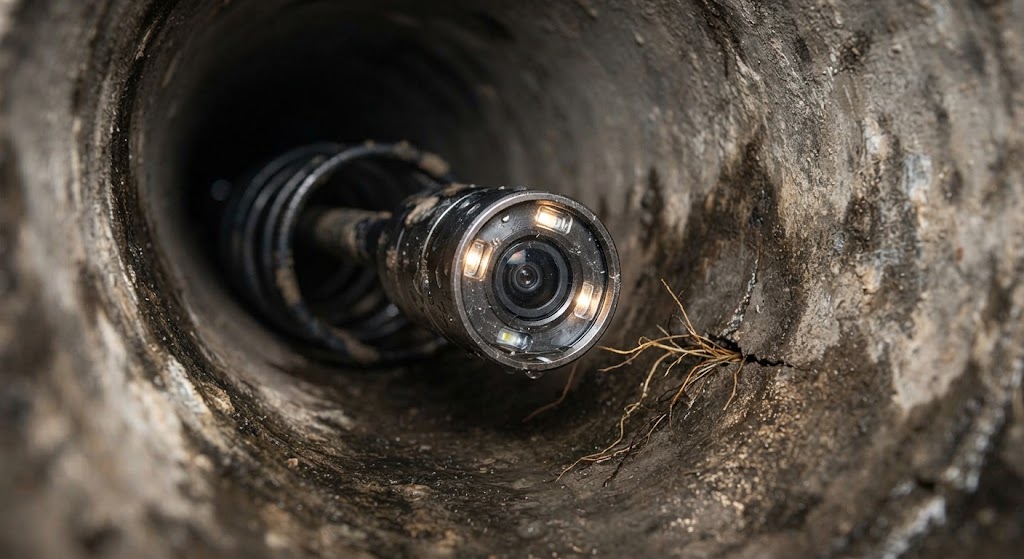 sewer line leak detection Orange NJ camera inspection of cracked lateral pipe